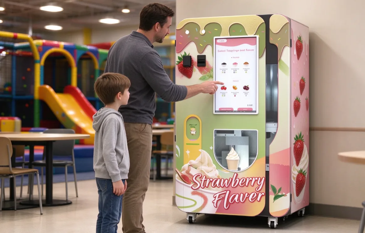 Un genitore che ordina un gelato da una macchina per il vendita di gelati Huaxin B84 in un centro di intrattenimento per famiglie, mentre un bambino osserva la preparazione del gelato attraverso la finestra di visualizzazione.